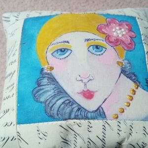 Artistic Cushion with Blue and Yellow Hand Painted And Sewn Design